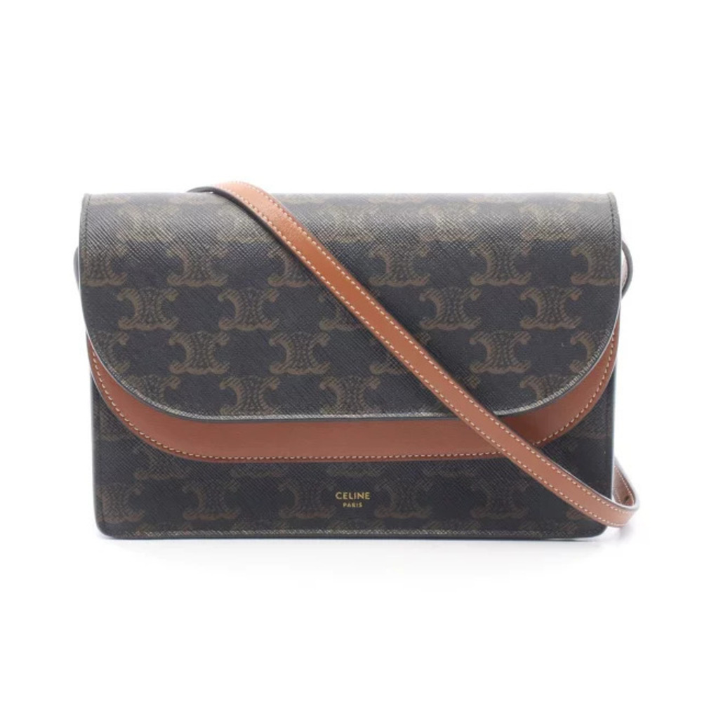 Celine Tan Triomphe Shoulder Bag Canvas Leather Brown
